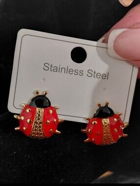 Gold & Red Ladybug Stud Earrings